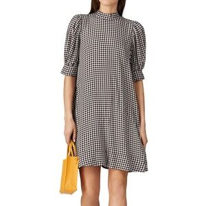 GANNI gingham mock neck pouf sleeve brown white check dress Size 34 (XS)